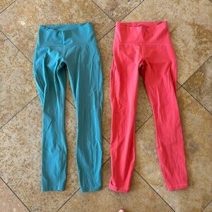 Lululemon Train Times 7/8 green smoke and Coral Leggings Workout set of 2